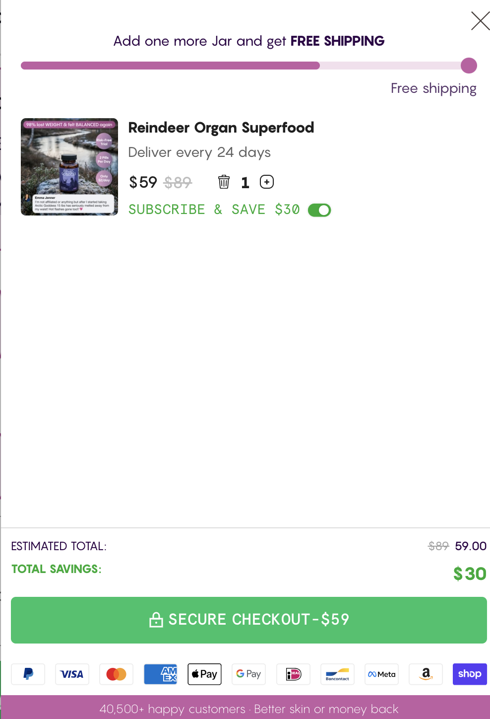 Arctic Goddess on-page cart with subscribe toggle