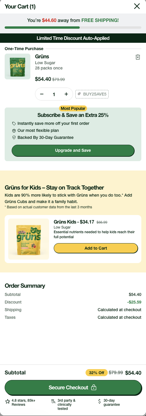 Grüns · cart with “Most Popular” on Subscribe & Save