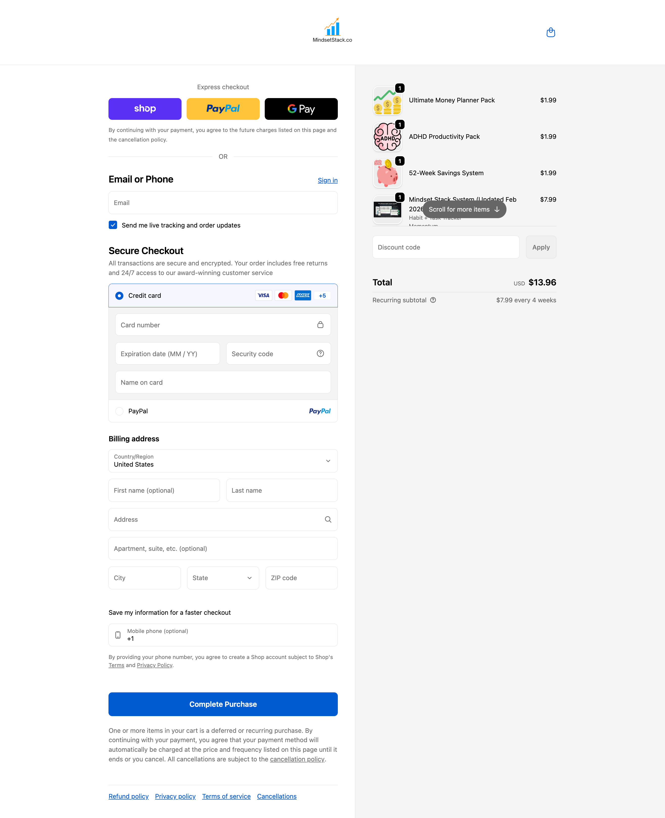 MindsetStack checkout page