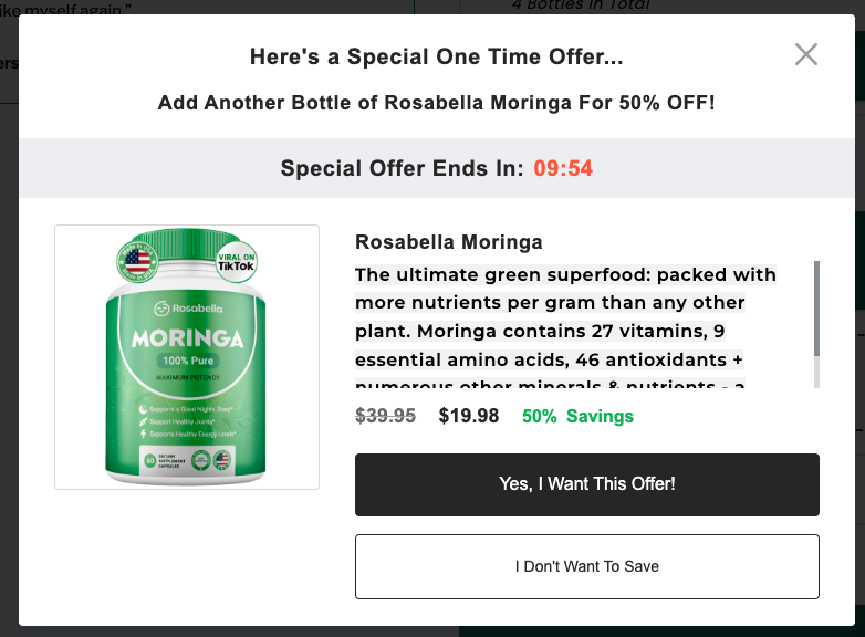 Rosabella pre-checkout order bump popup