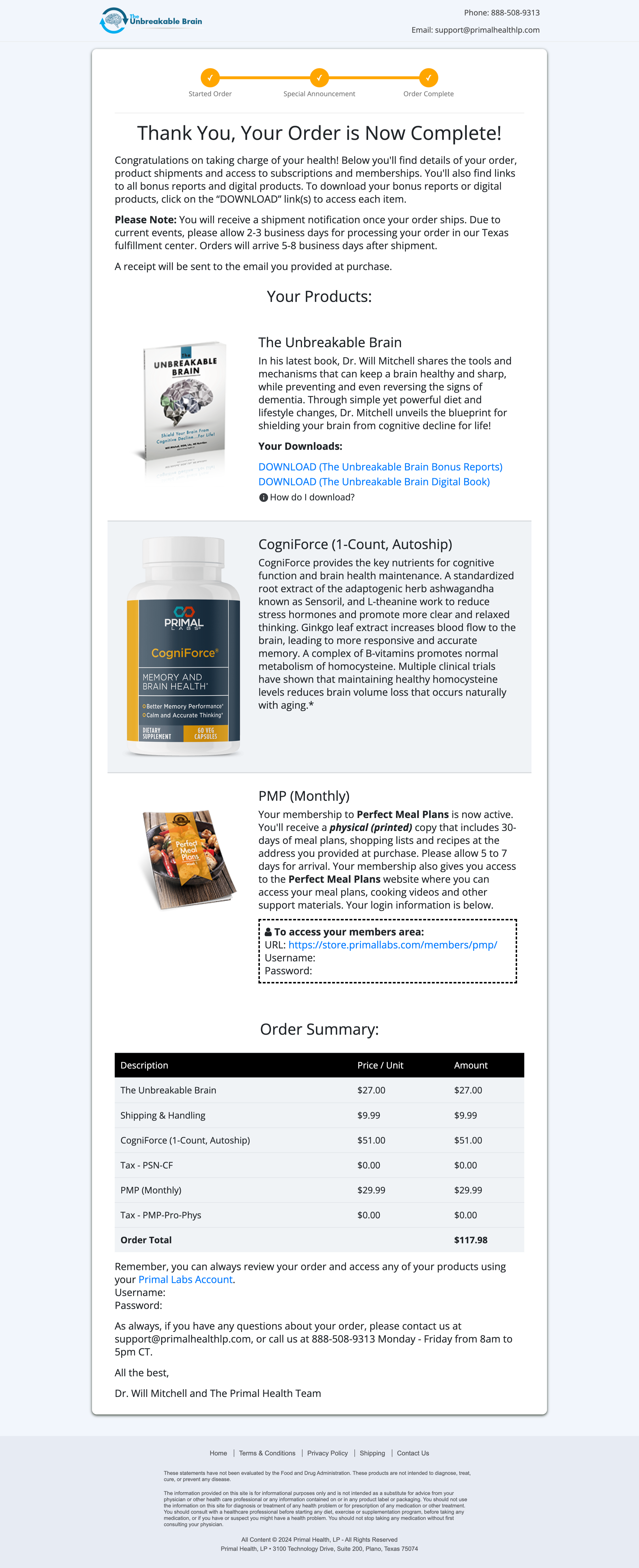 Simple Brain Fix thank you page order summary