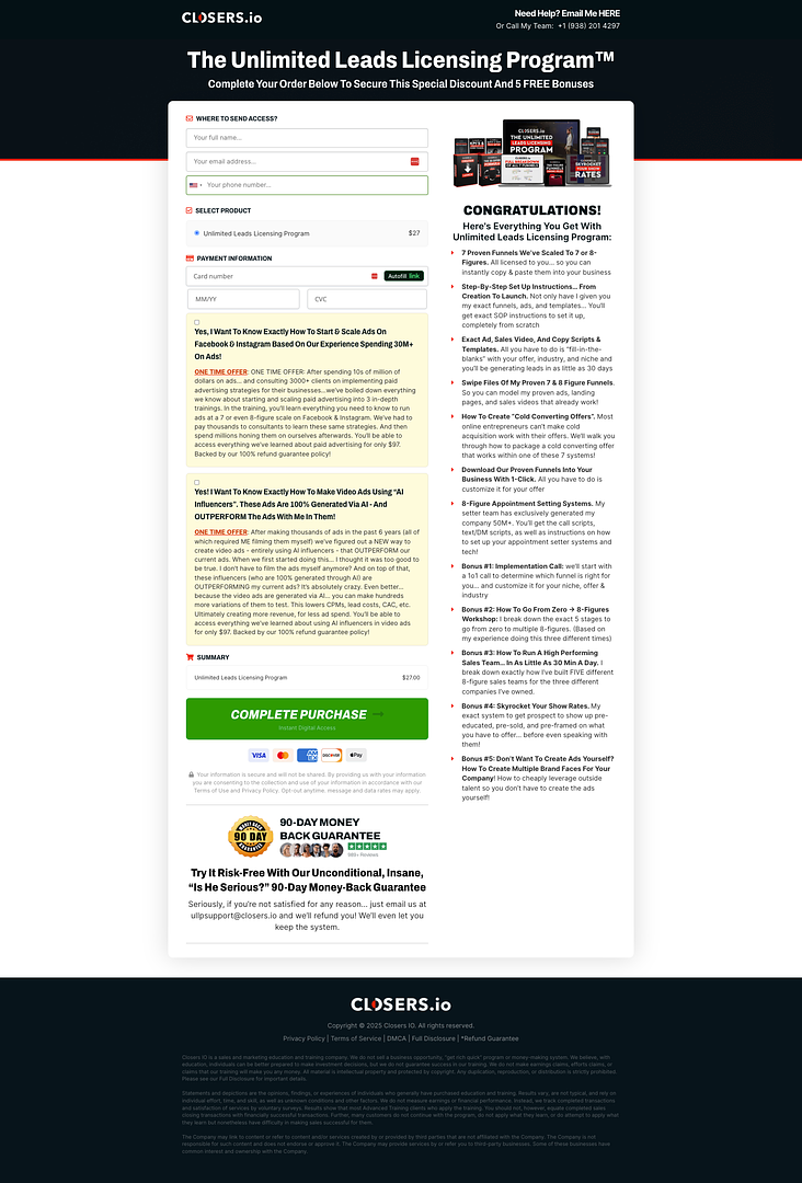 Closers.io checkout page
