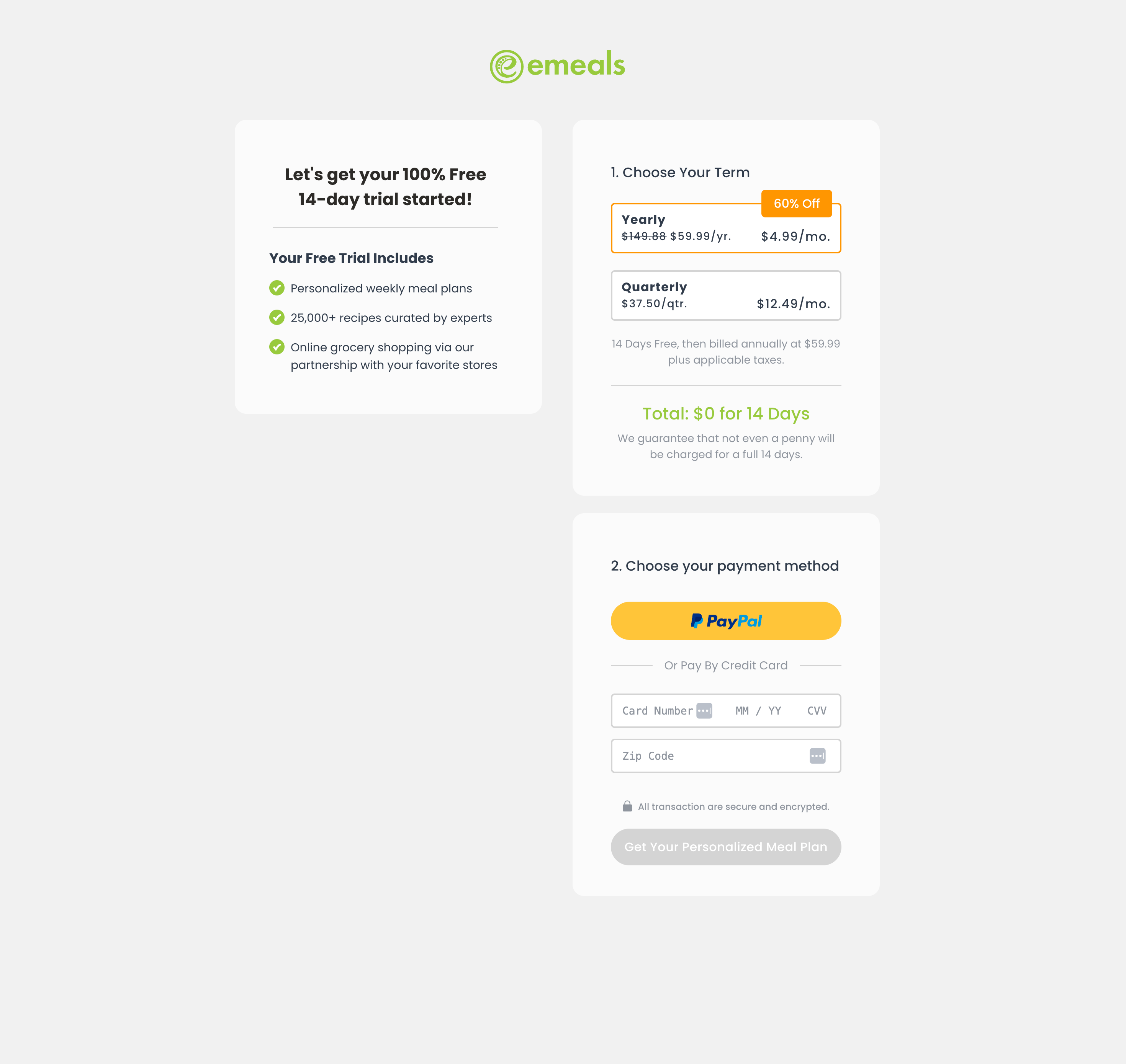 eMeals checkout free trial