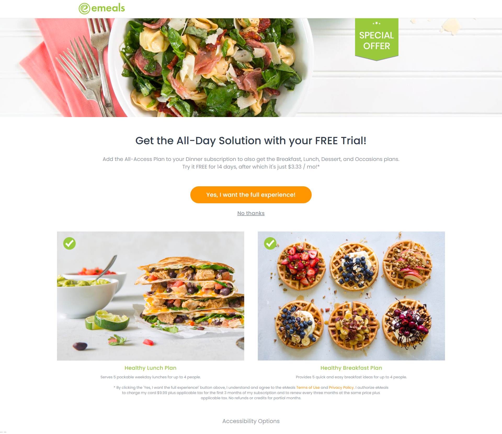 eMeals upsell all access