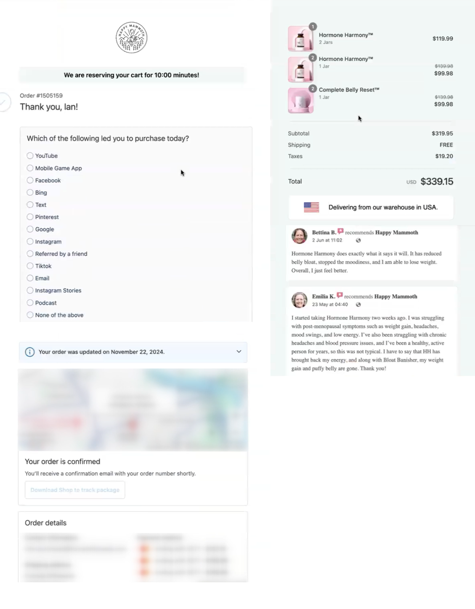 Happy Mammoth thank-you page with attribution survey