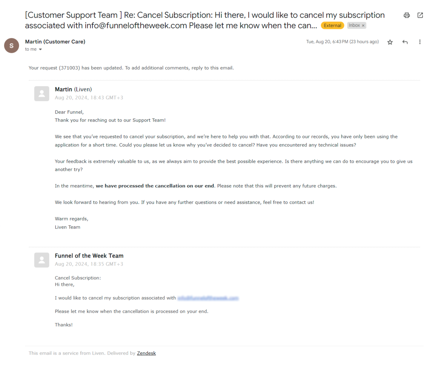 Liven cancellation email thread