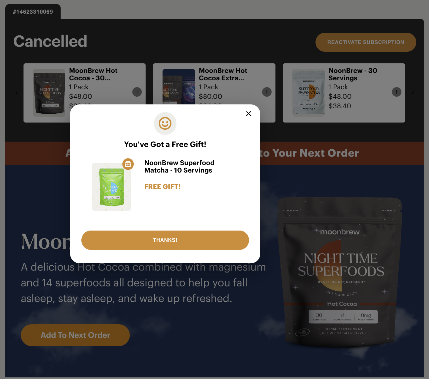 Moonbrew free gift popup after cancellation
