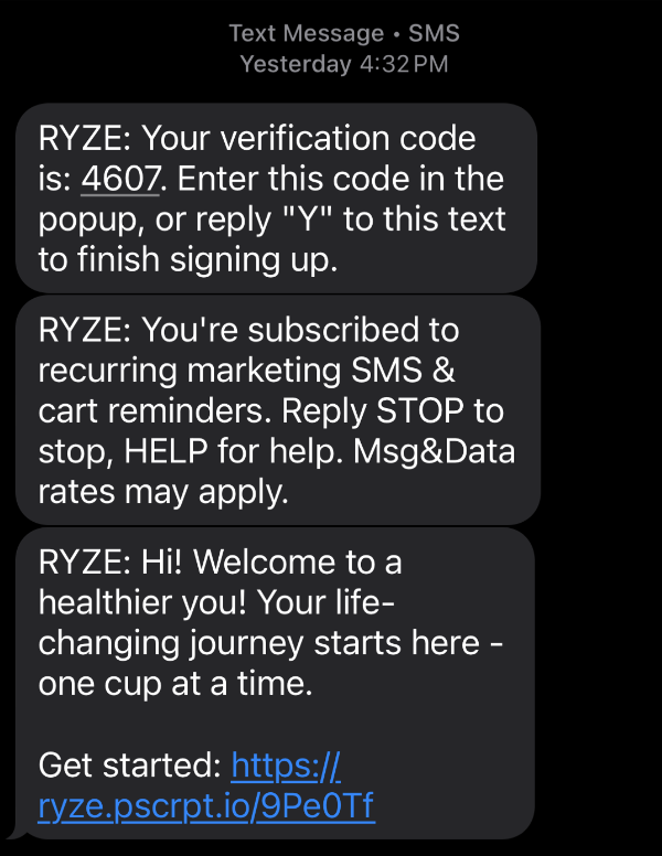 RYZE, SMS immediately after the exit pop-up phone capture.