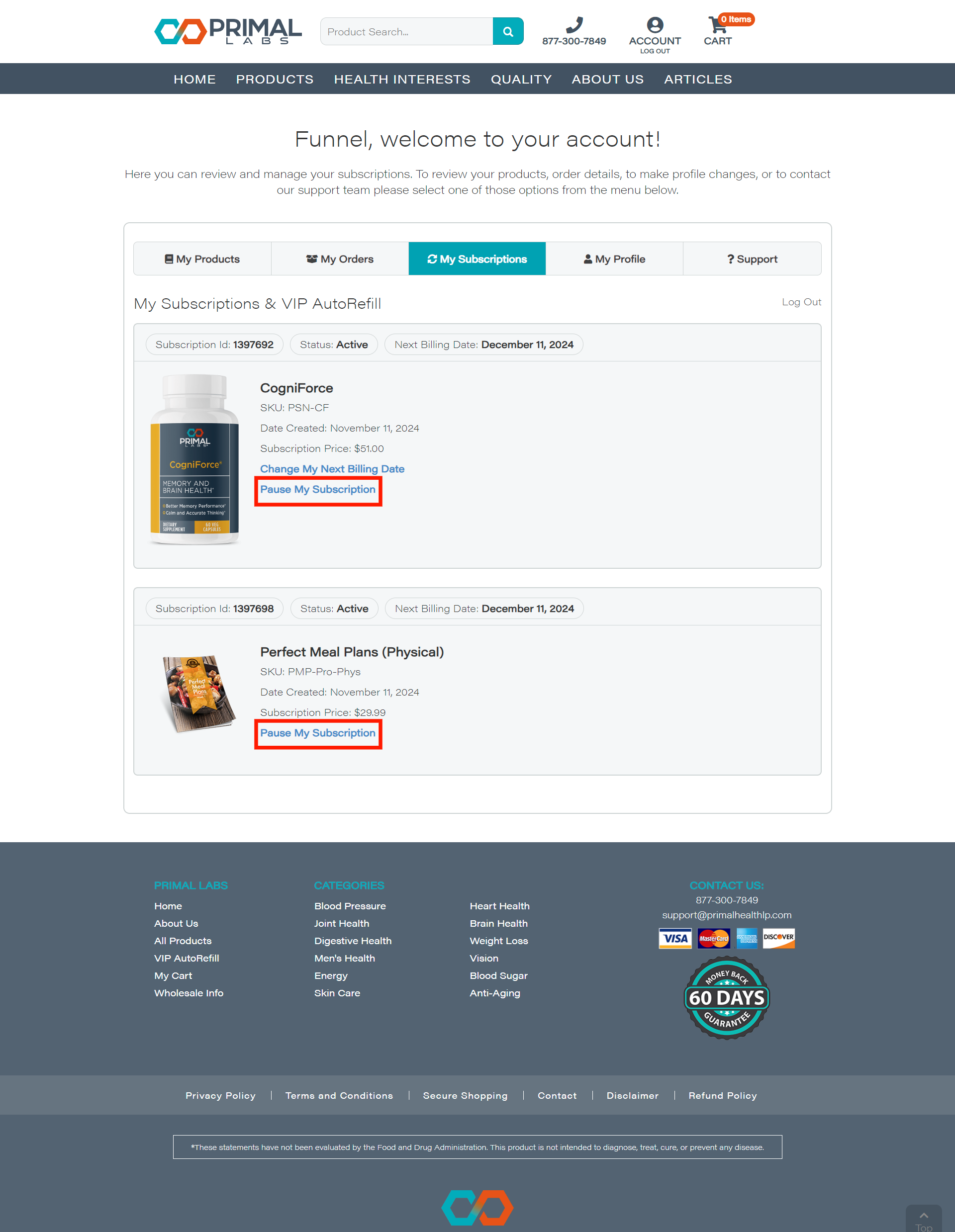 Primal Labs member portal with pause only