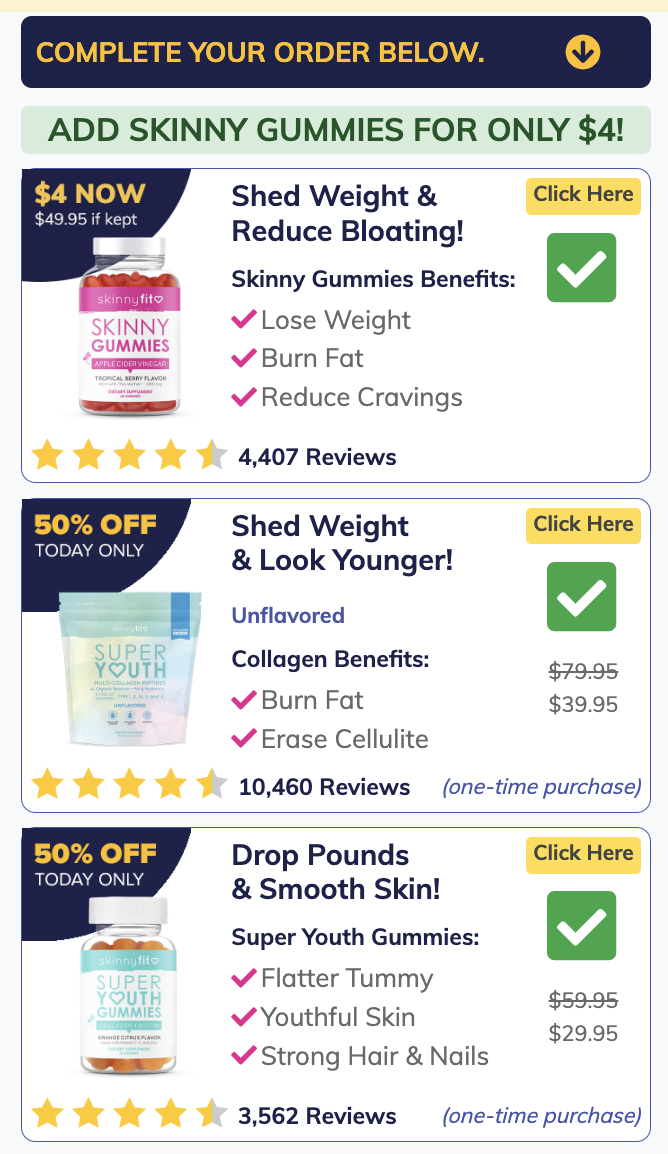 SkinnyFit checkout step 2 with order bumps