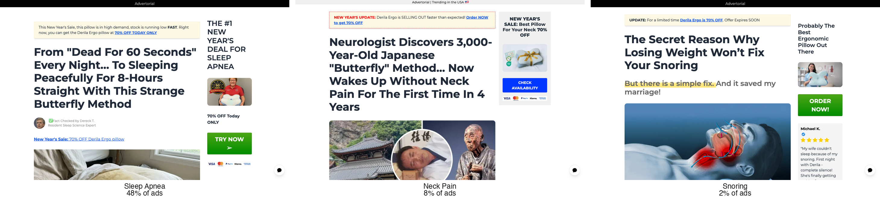 Three advertorials side by side