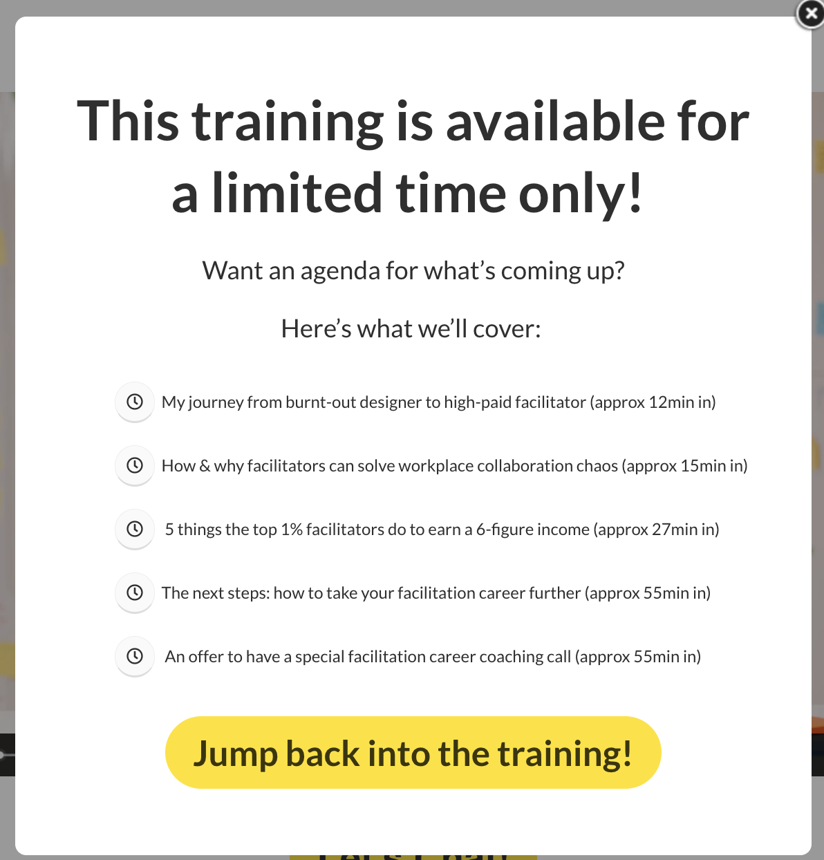 AJ&Smart Workshopper exit popup with time-stamped benefits