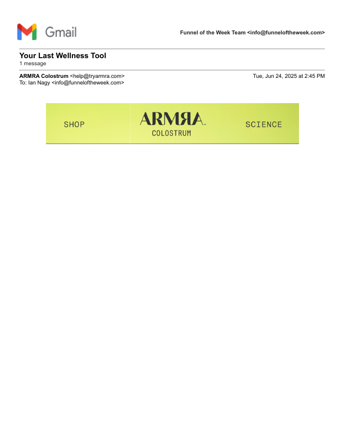 Armra, 5 emails over 18 days, no discount visible.