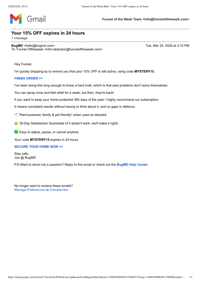 BugMD, email 3 (day 4): "Your 15% OFF expires in 24 hours".