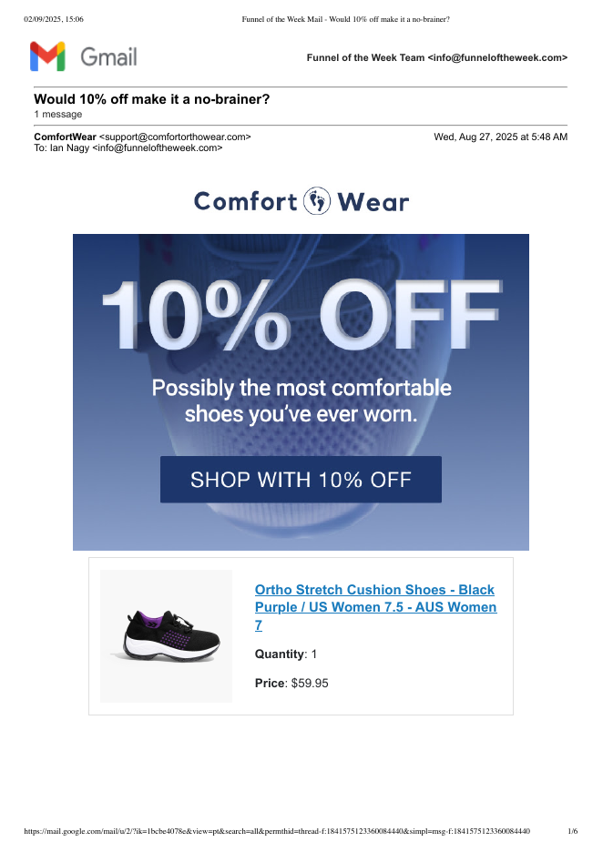 Comfort Wear, email 4 (day 2): "Would 10% off make it a no-brainer?"