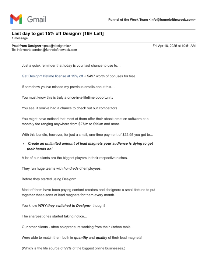 Designrr, day 9: "Last day to get 15% off Designrr [16H Left]".
