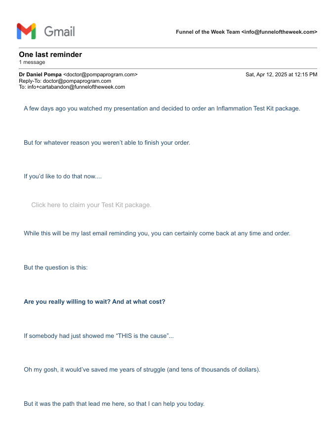 Dr. Pompa, email 3 (+72h): "One last reminder".