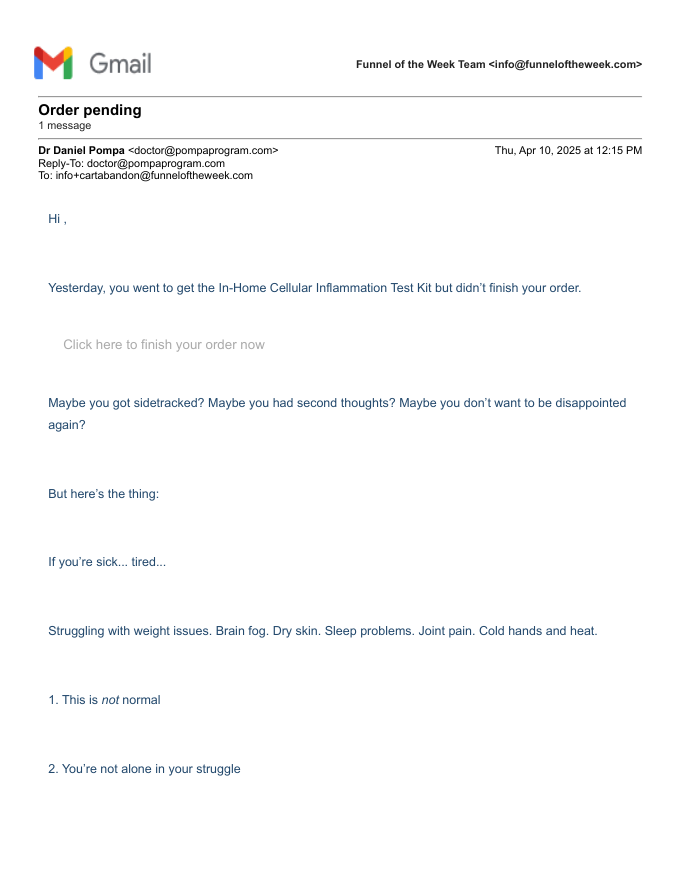 Dr. Pompa, email 1 (+24h): "Order pending".