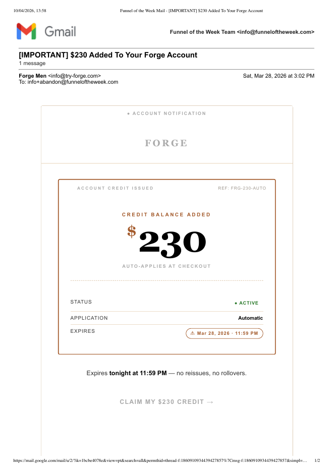 Forge, day 5: "[IMPORTANT] $230 Added To Your Forge Account".