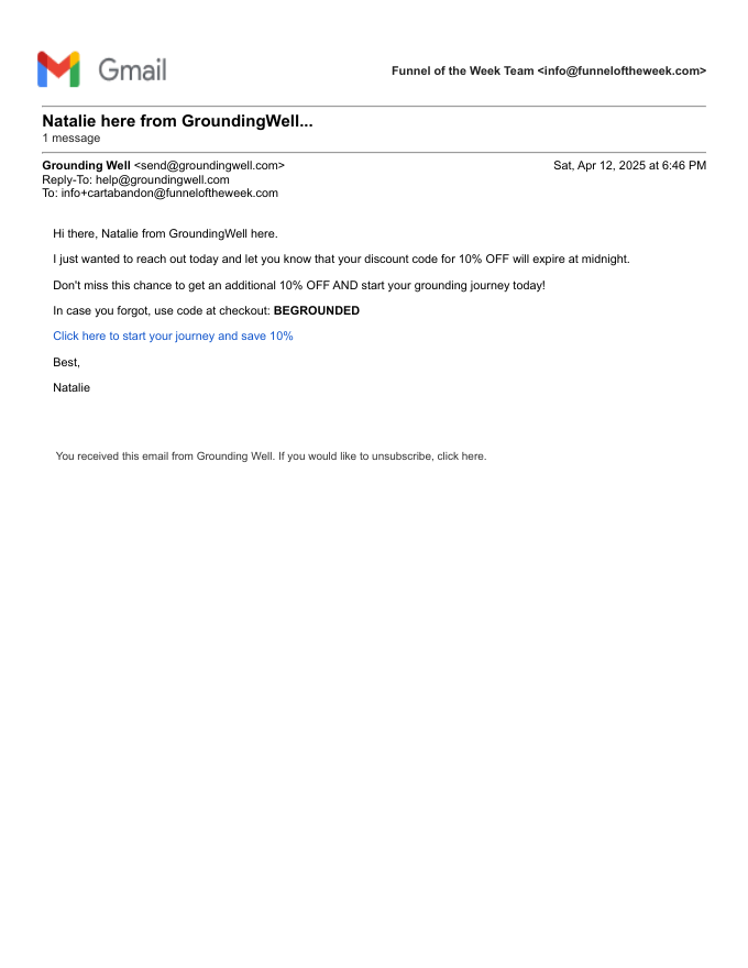 GroundingWell, email 2 (day 3): "Natalie here from GroundingWell...".