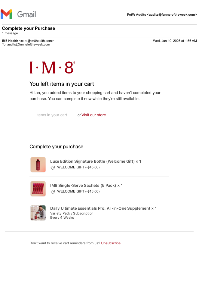 IM8, single email: "Complete your Purchase".