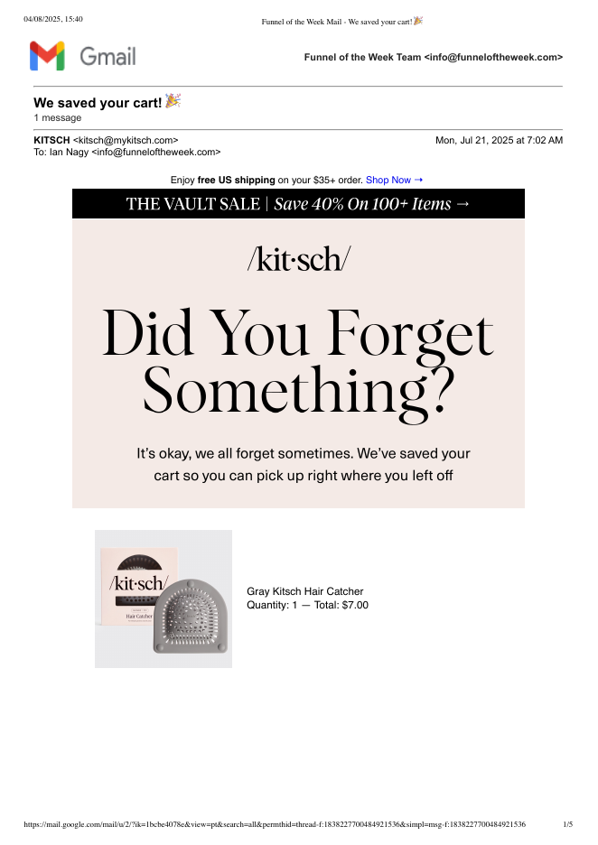 Kitsch, +3h: "We saved your cart!"