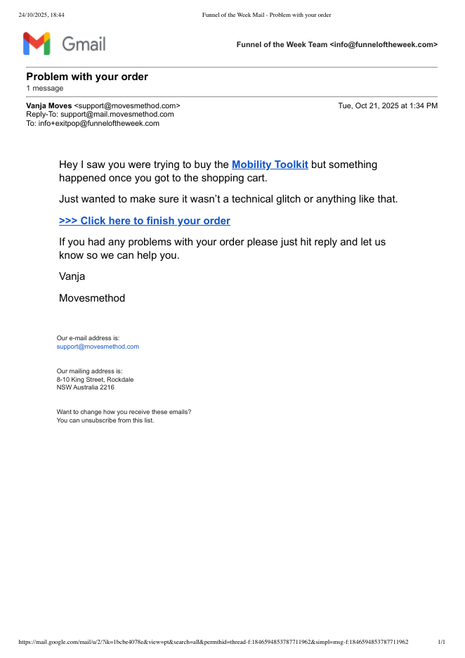 MovesMethod, the only email: "Problem with your order".