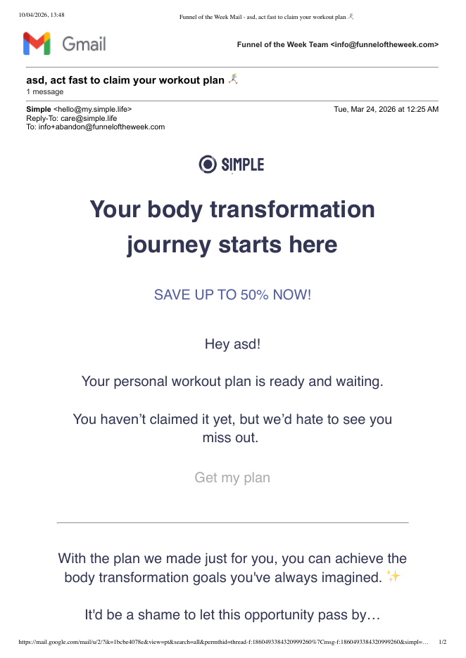 Simple (fitness app), +4h: "act fast to claim your workout plan".