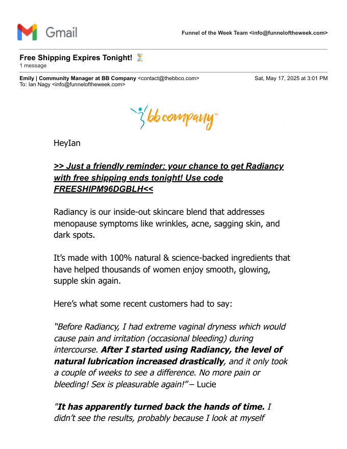 The BBCo (Provitalize), free-shipping deadline email.