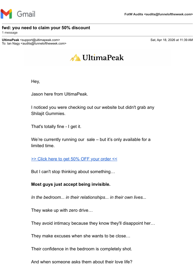UltimaPeak, day 1: "fwd: you need to claim your 50% discount".