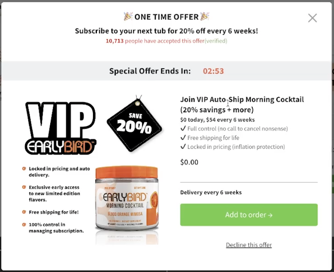 Club Early Bird VIP auto-ship popup