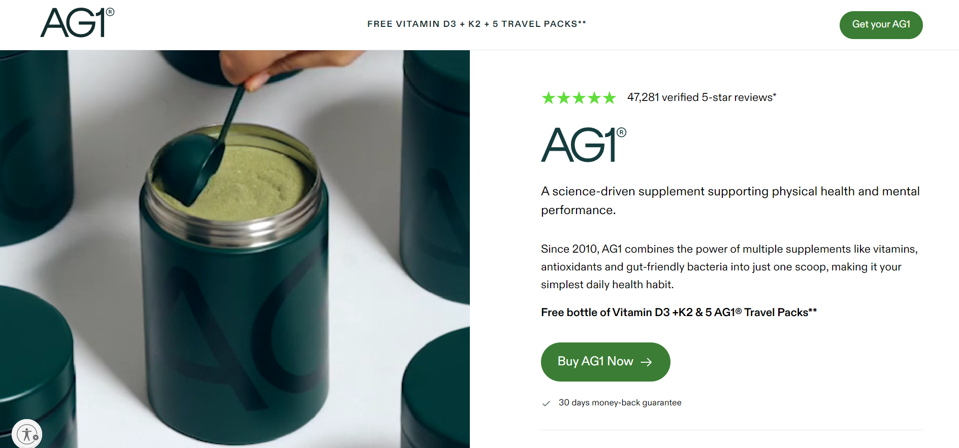 AG1 · the offer is the free gifts (D3+K2 + 5 travel packs)
