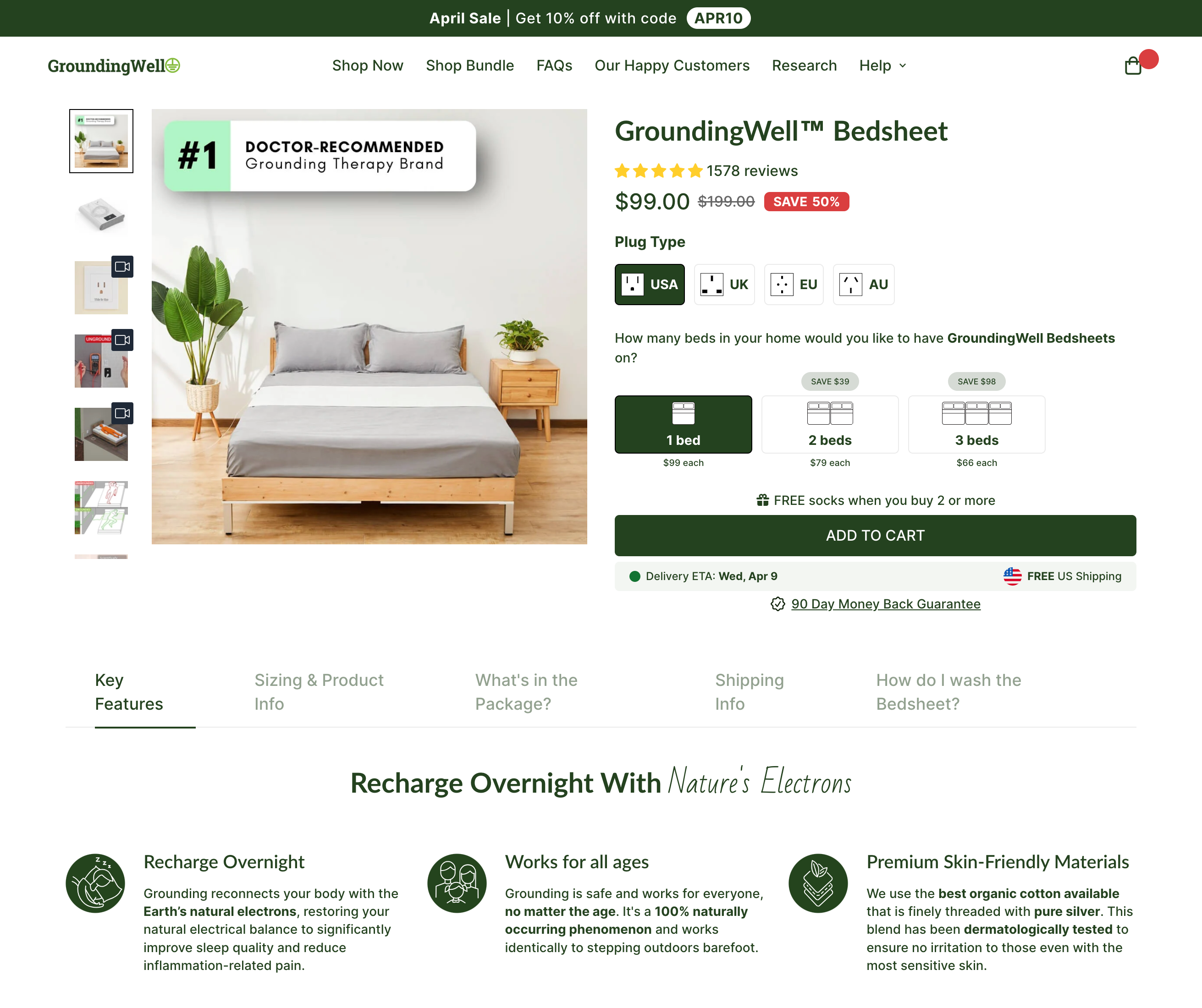 GroundingWell (complexity 3, 0 steps): grounding sheets, a product most visitors have never heard of, sold on a single landing page that goes to cart. 17,168px tall, the explanation lives on the page, not in extra steps.