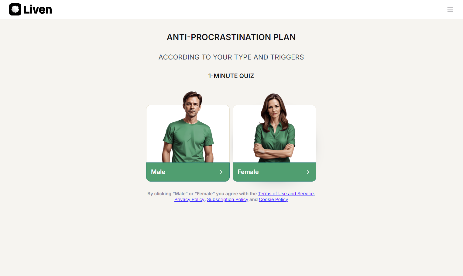 Liven quiz landing page