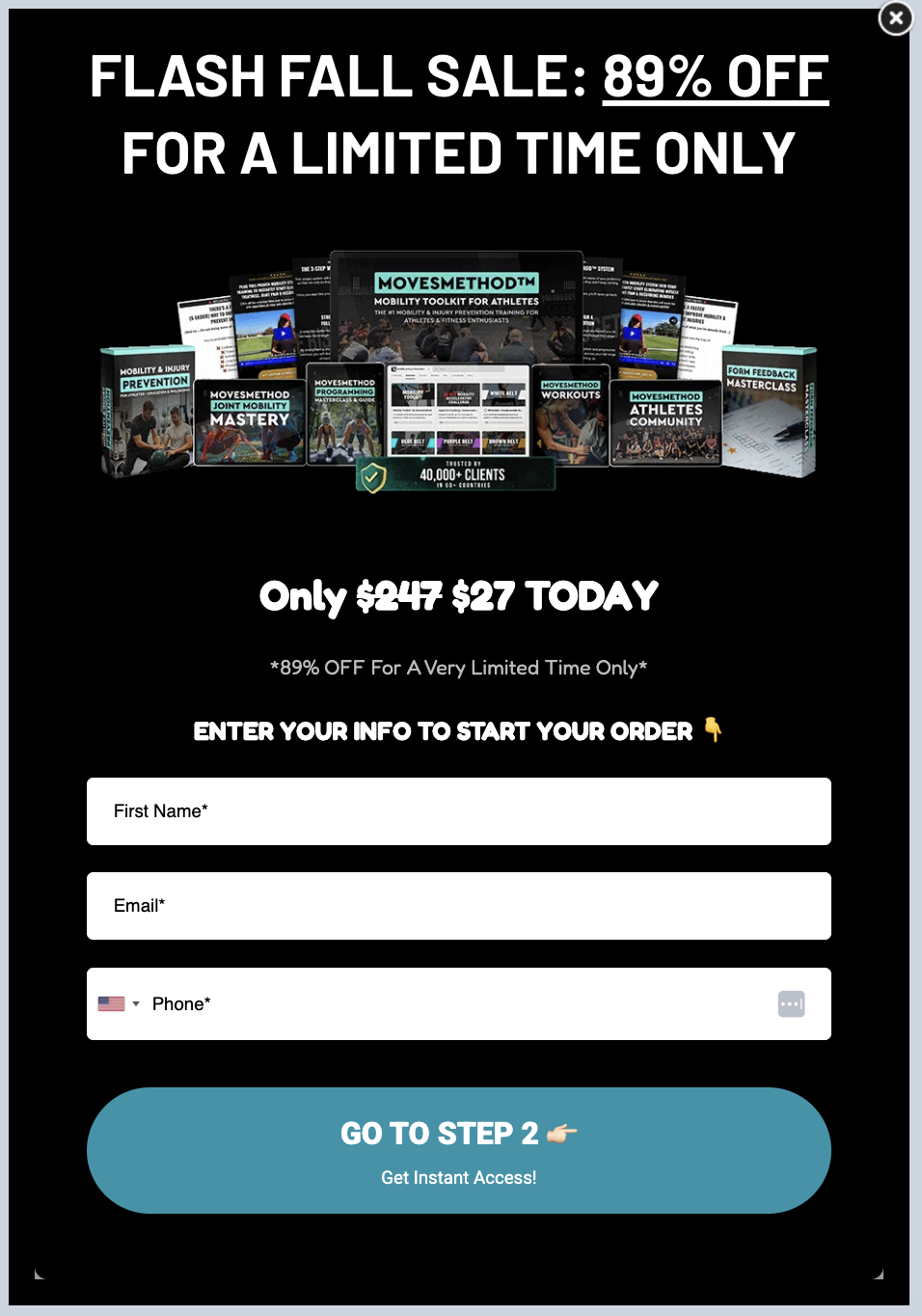 MovesMethod exit popup email and SMS capture