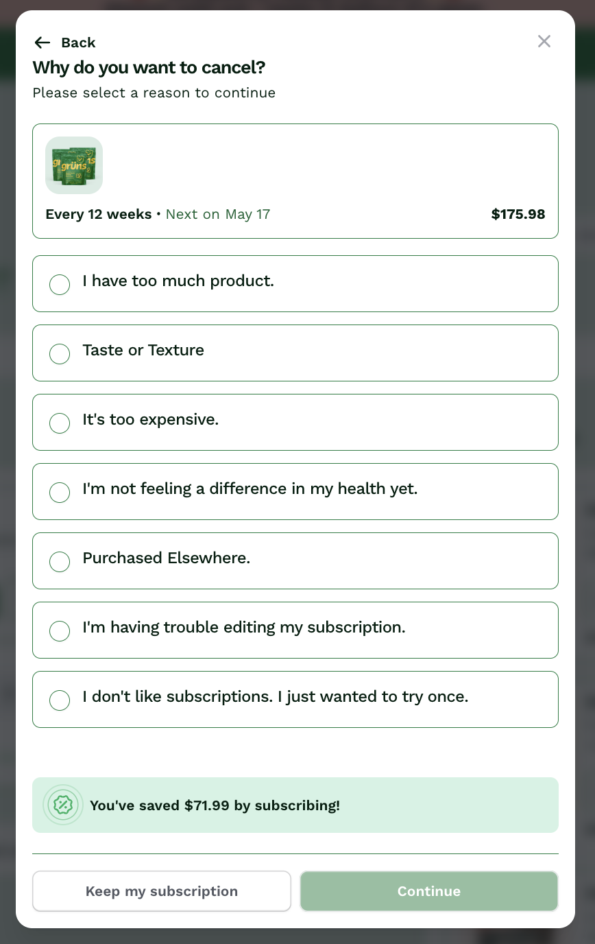 Gruns cancellation survey with savings badge