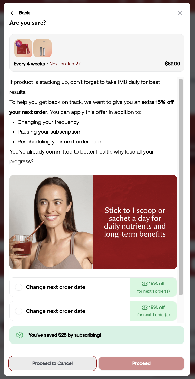 IM8 extra 15% off retention offer