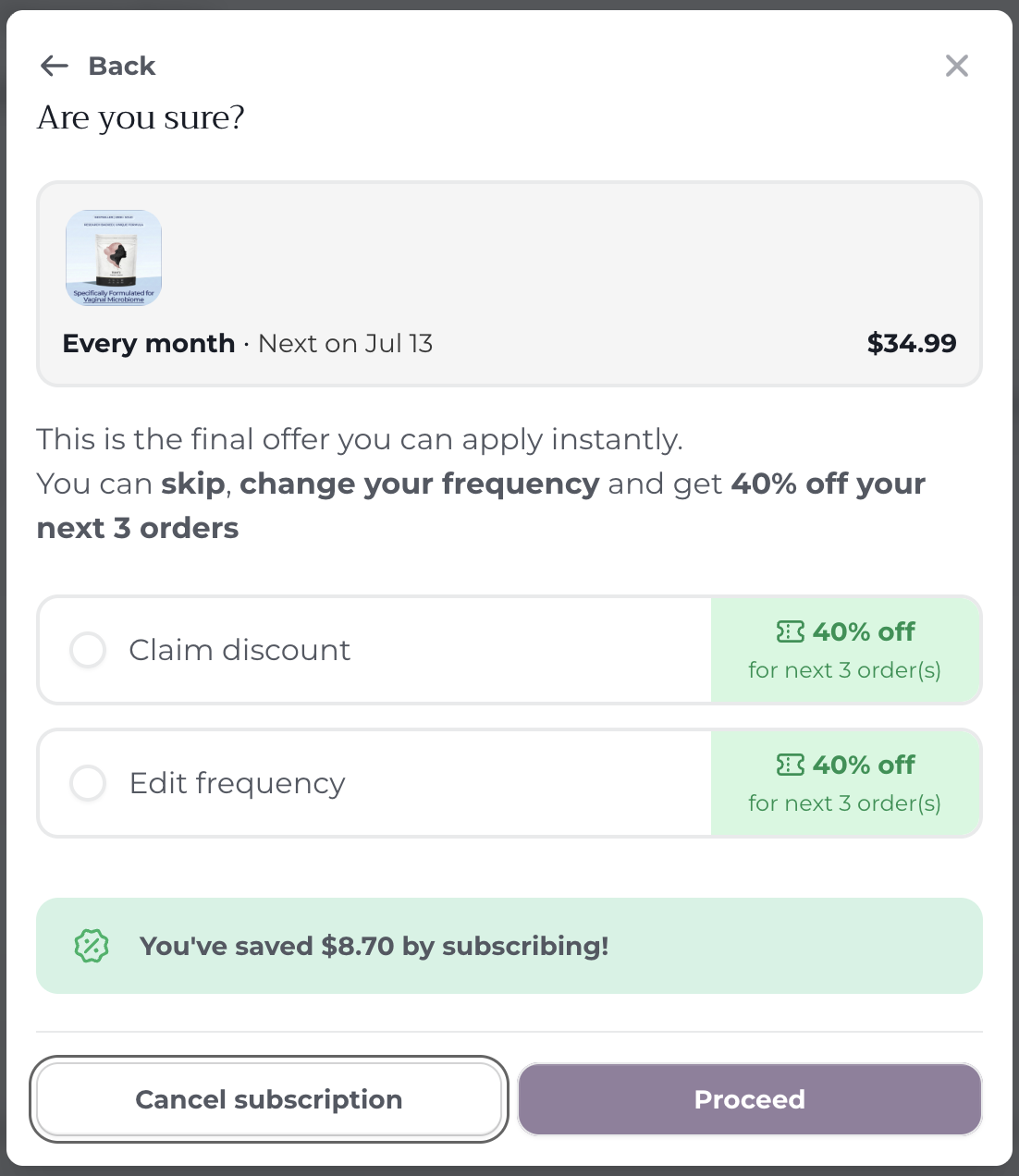 Nuora final retention offer 40% off next 3 orders