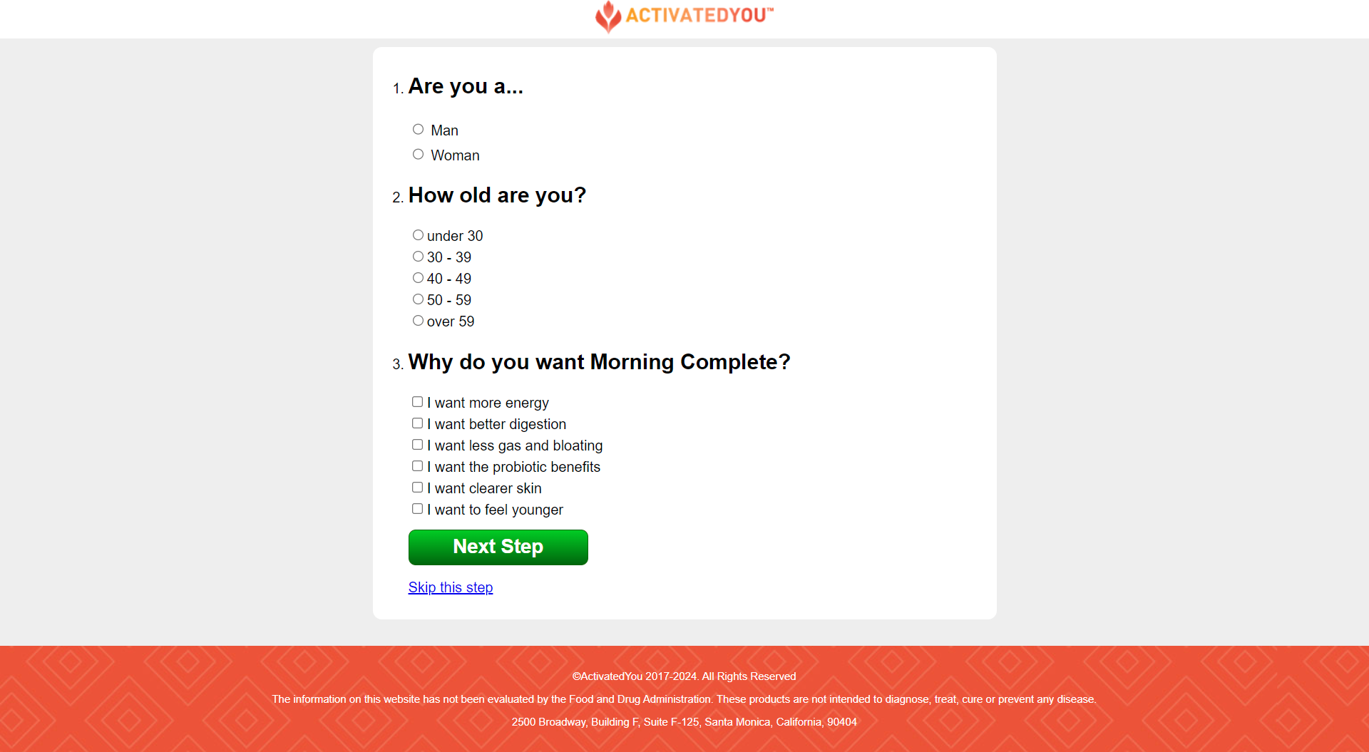 ActivatedYou Morning Complete · Post-VSL mini quiz: gender, age, "Why do you want Morning Complete?" on one page