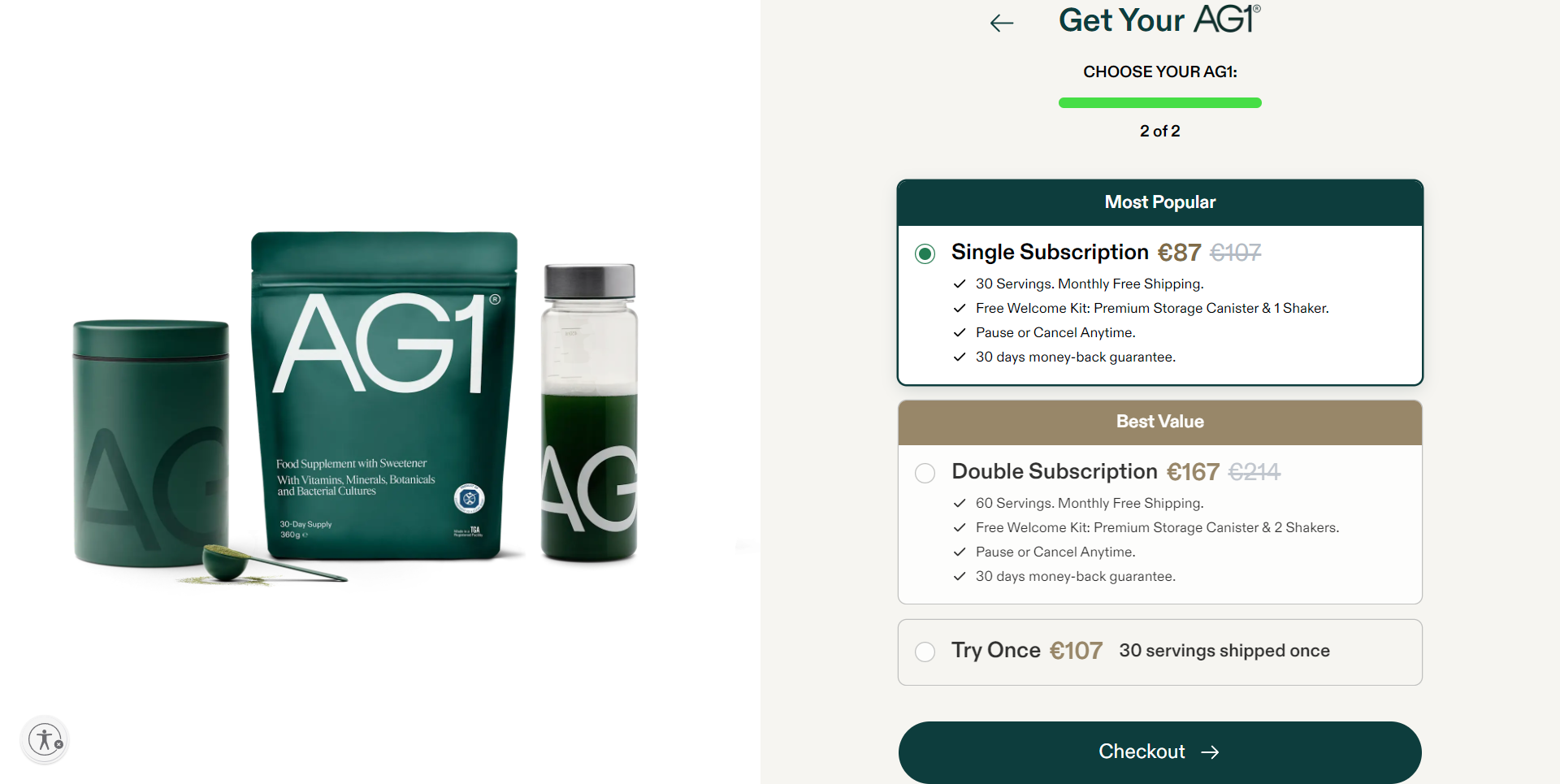 AG1 · subscription selection page (Single vs Double)
