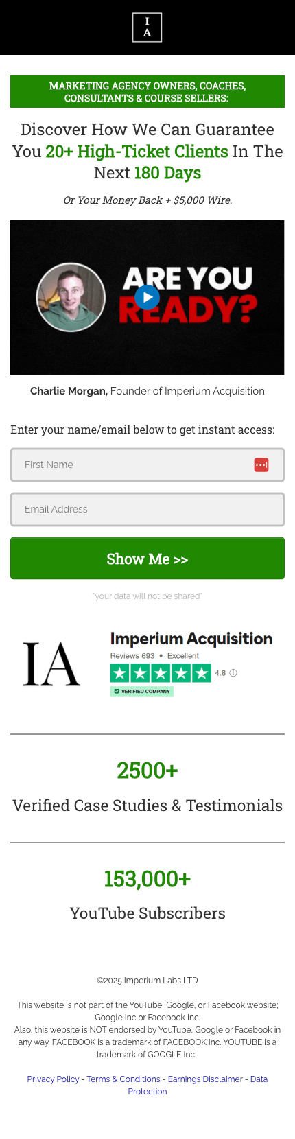 Charlie Morgan landing page with large stat callouts