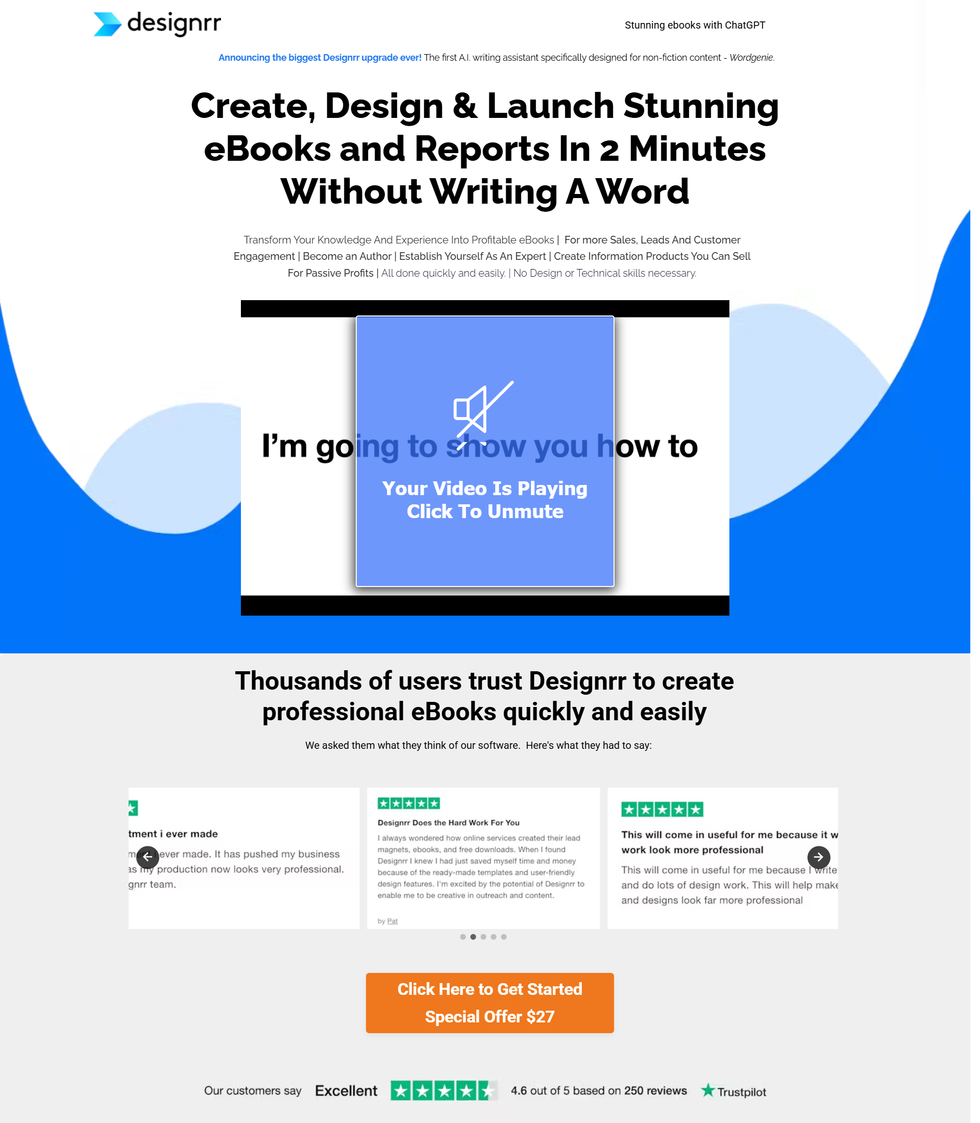 Designrr (complexity 3, 0 steps): ebook-creation SaaS sold on one long sales page straight into an order form with an order bump.