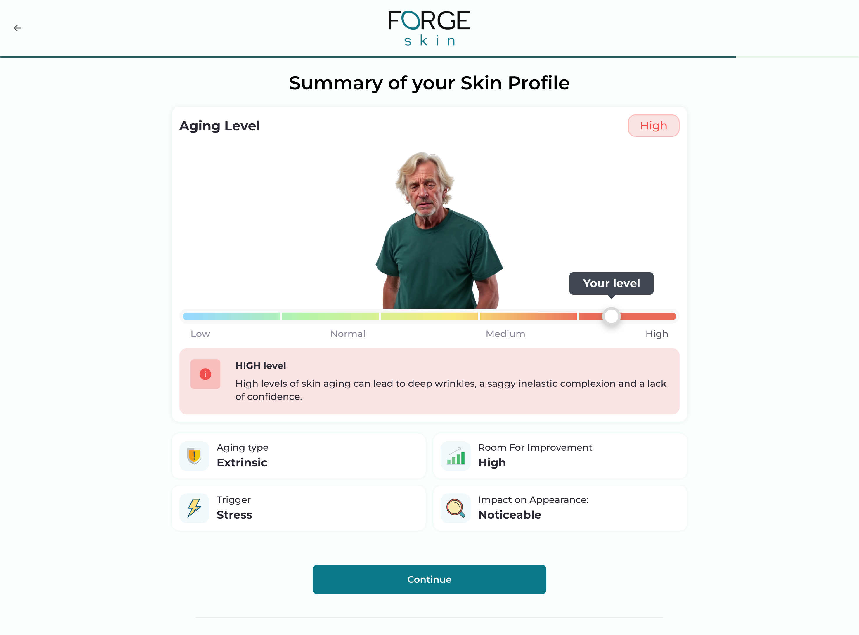 Forge Skin · Step 18: "Summary of your Skin Profile" (Aging level: High, trigger: Stress)