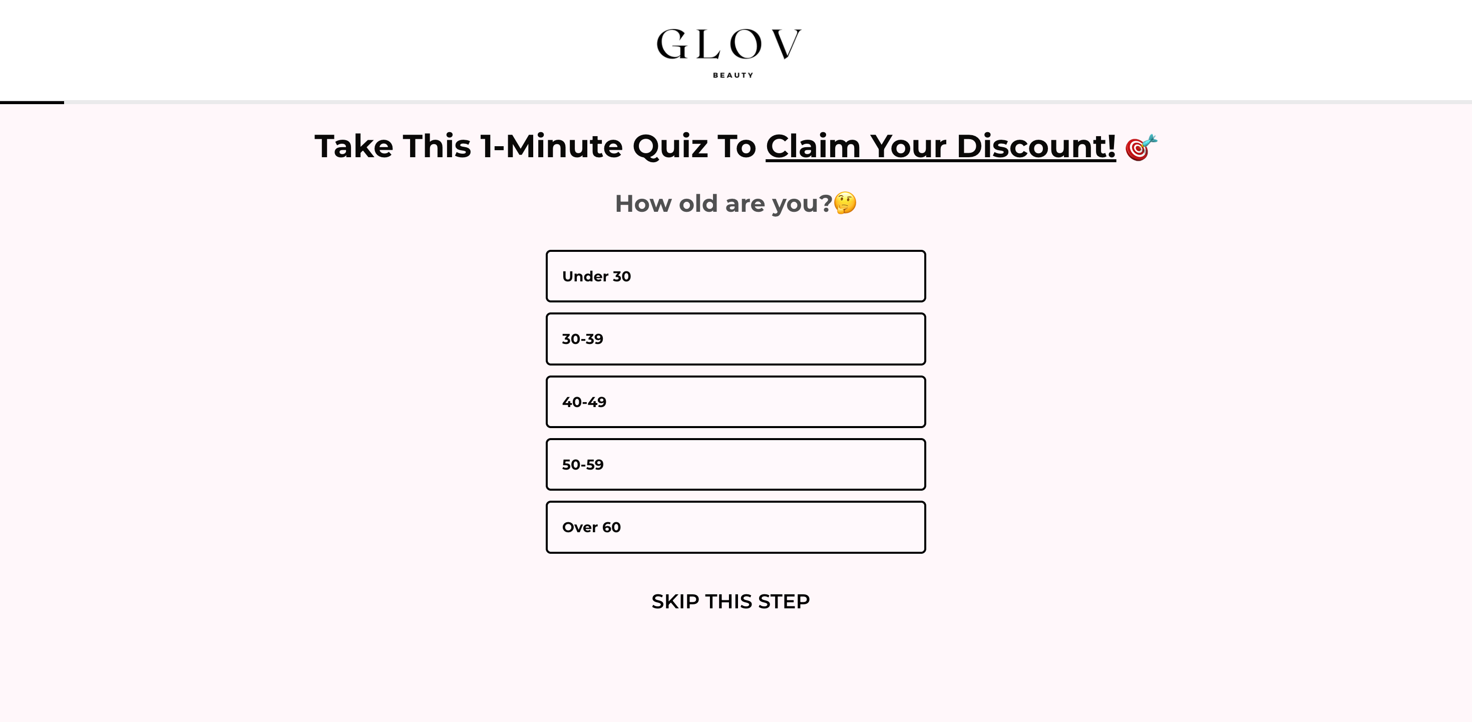 GLOV Beauty (complexity 1): a makeup-remover glove and hair towel behind a 19-step quiz. Step 1.