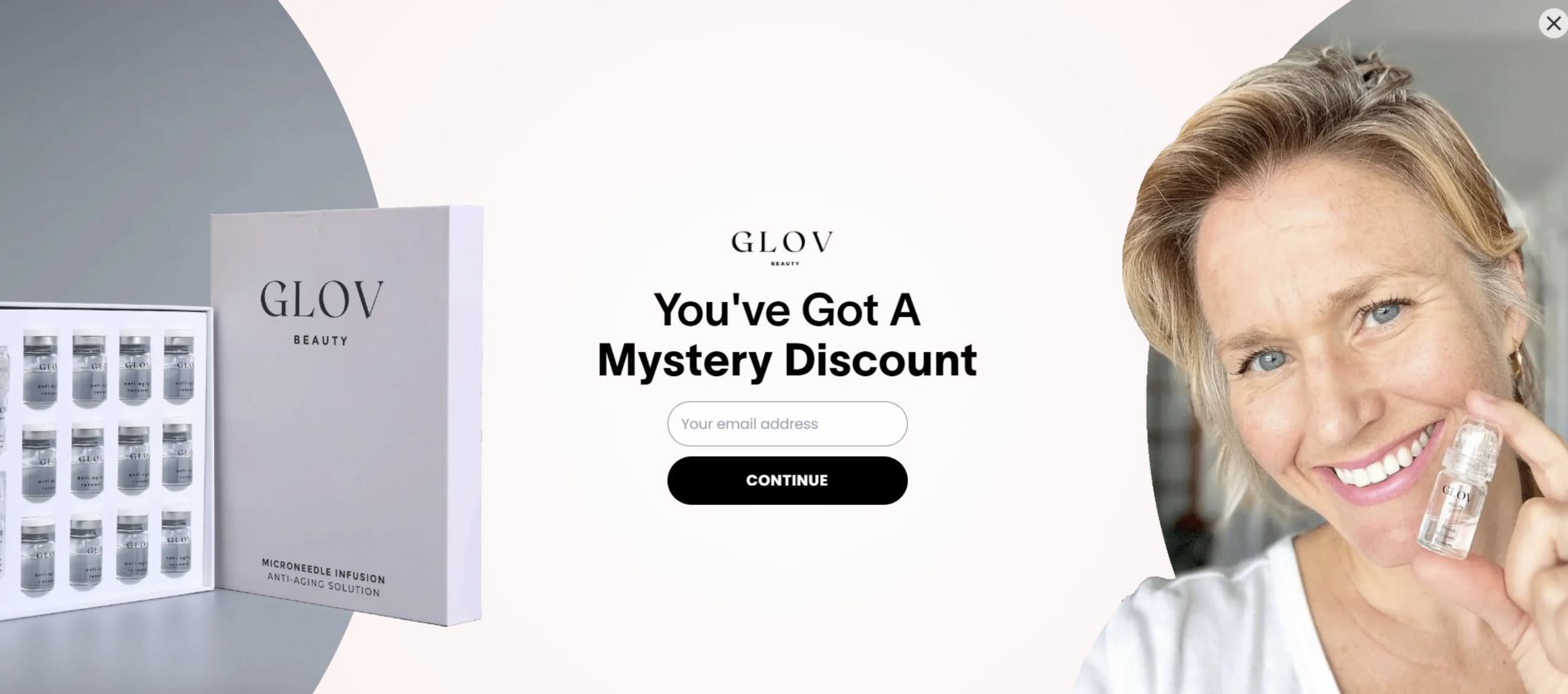 Glov Beauty · Sales page pop-up (after the quiz): "You've Got A Mystery Discount. Your email address"