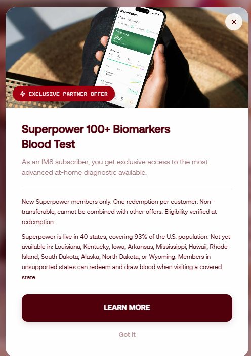 IM8 Superpower biomarkers popup