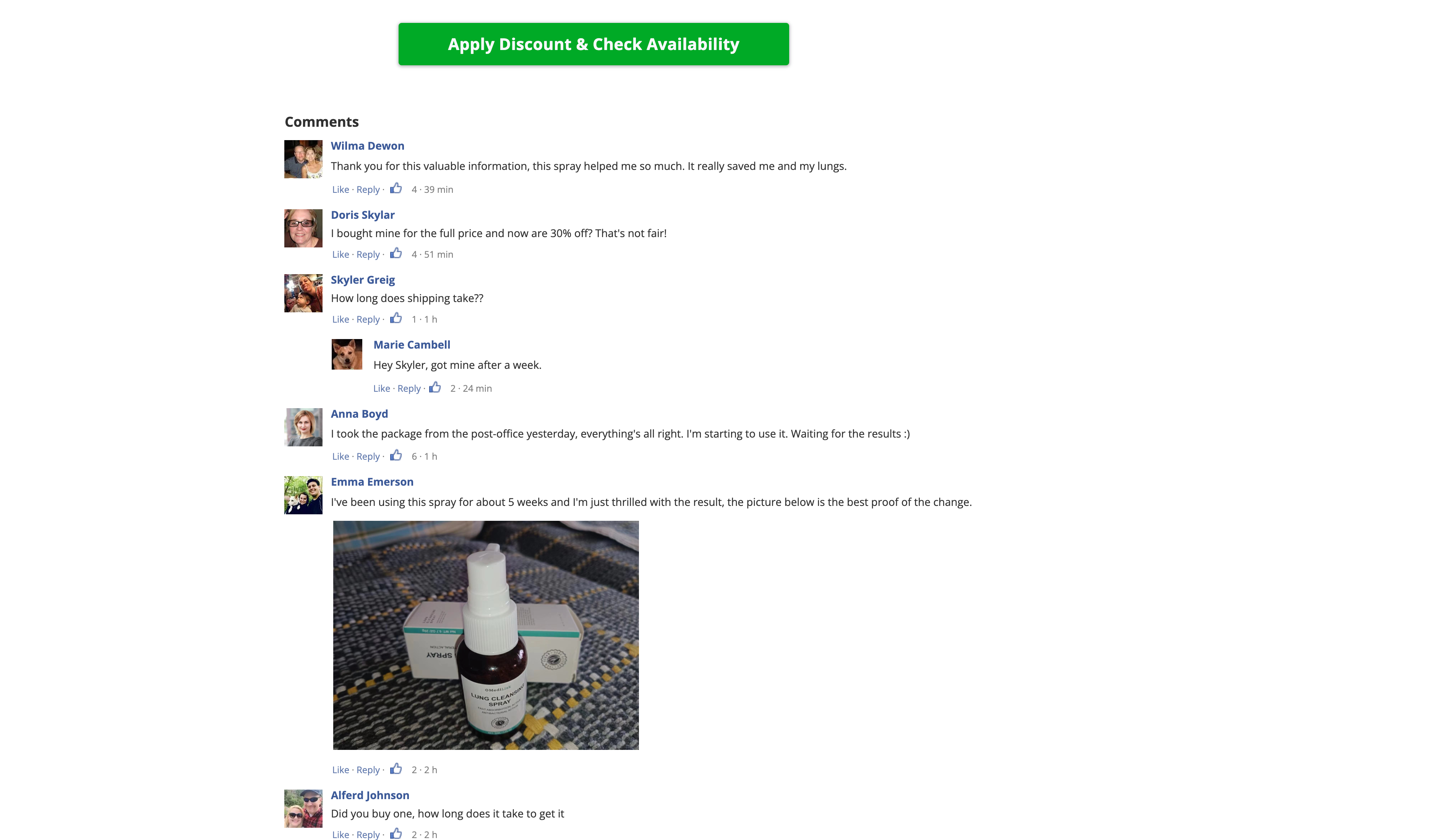 MediLisk advertorial with embedded Facebook comments section