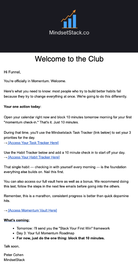 MindsetStack Momentum welcome email