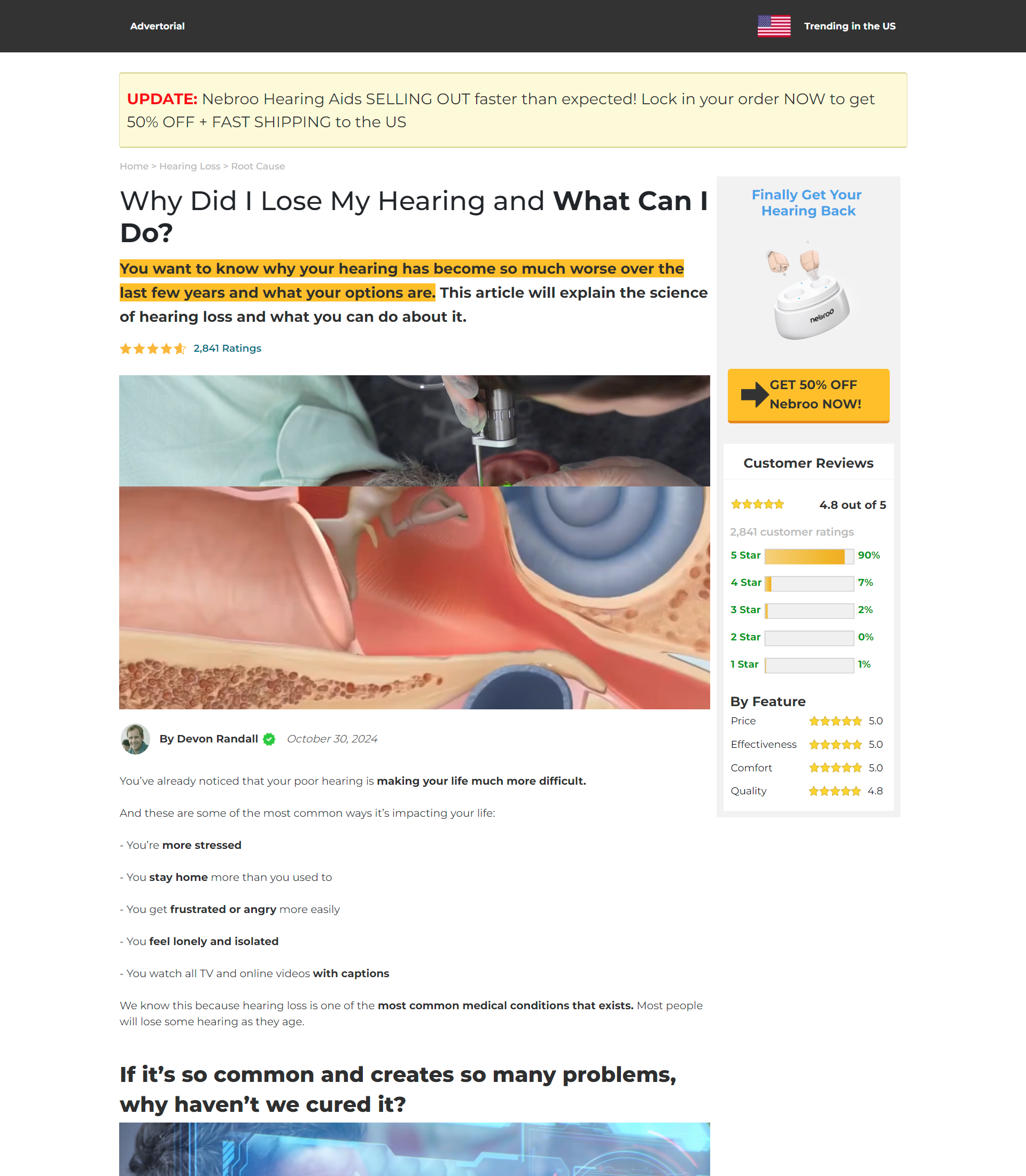 Nebroo (complexity 3, 1 step): OTC hearing aids. One landing page then a pre-sell page that carries the order button. Two long pages instead of many short ones.