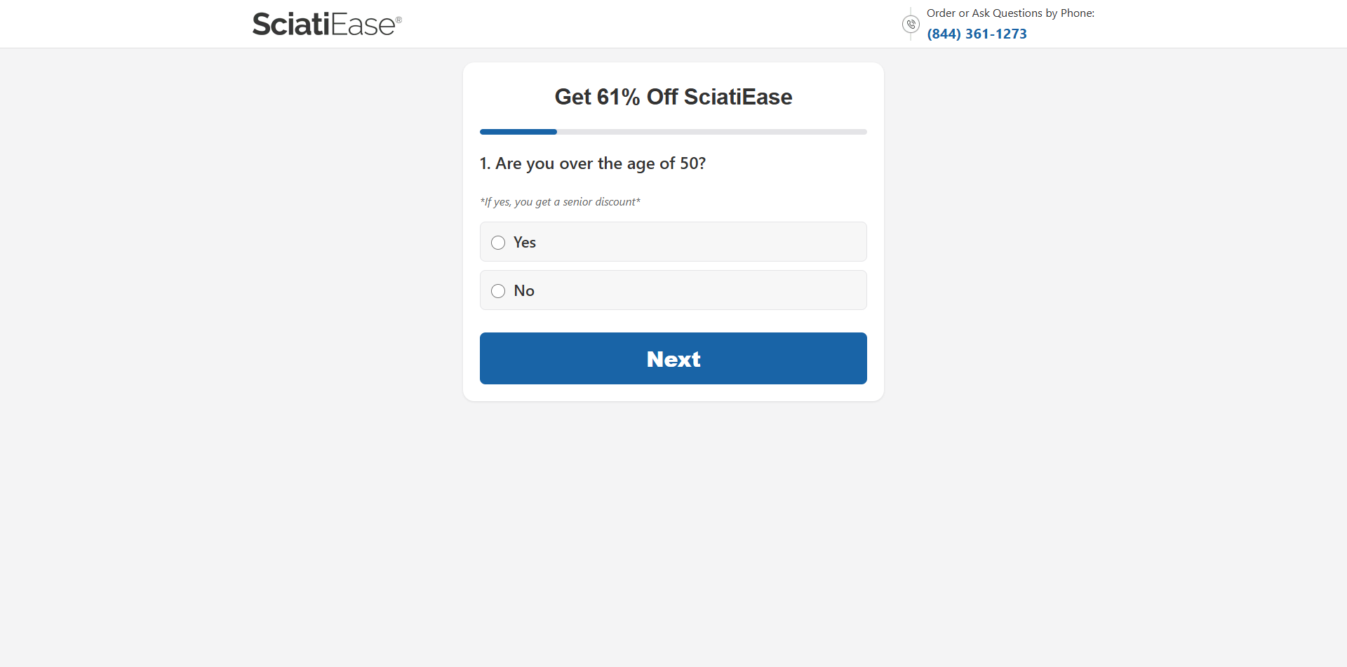 SciatiEase · Part 1: "Get 61% Off SciatiEase. Are you over the age of 50? If yes, you get a senior discount"